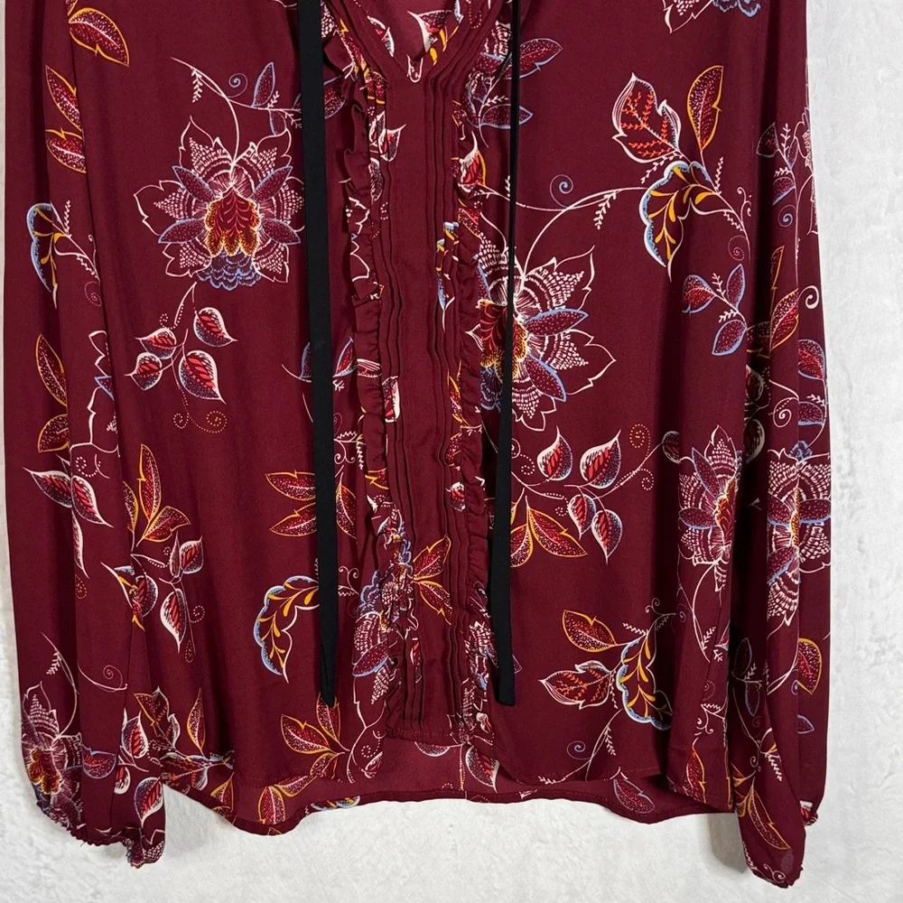 Valerie Stevens Semi Sheer Floral Burgundy Blouse Large